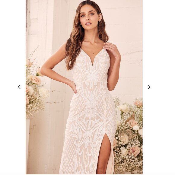 Lulus - Destined for Romance Beige and White Sequin Maxi Dress - Picture 2 of 5